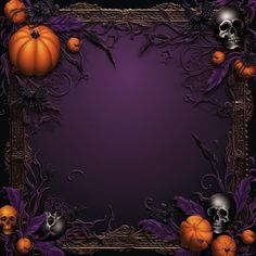 a halloween frame with skulls and pumpkins on the side, in front of a purple background