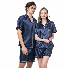 "Couple Pajamas, Honeymoon gift, Customized Matching Pajamas, Anniversary gift, Pajamas Sets with names These Silky satin Pajamas are perfect for couples looking to wear matching pajamas. The price you see is for one PJ set for either a man or a woman (which includes a Shirt and Bottoms for one person). We can make the PJ set in the following four styles. Please select the style from the drop-down list based on the below options. - Shorts Set i.e. Short Sleeves + Shorts - Short+ Long i.e. Short Blue Matching Sets For Pajama Party, Matching Blue Sleepover Sets, Blue Short Sleeve Sets For Home, Blue Matching Sleepwear For Sleepover, Blue Matching Loungewear Sets, Blue Matching Sleepwear Set, Shorts Embroidery, Pijama Satin, Winter Wedding Outfits