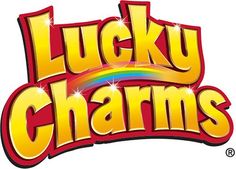 lucky charms logo with the words lucky charms in gold and rainbows on white background