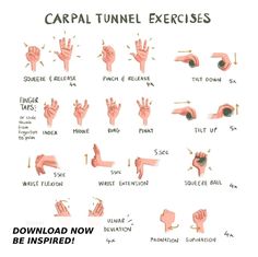 This print is designed to help people who have Carpal Tunnel, and hand and wrist pain. If you have Carpal Tunnel Syndrome, use these exercises for treating your pain and reducing discomfort. It's easy to put off our health, use this print as a reminder for you to take care of yourself! This digital poster includes the following simple stretches to help relieve the pain of Carpal Tunnel Syndrome: - Squeeze and Release - Pinch and Release - Tilt Down and Up - Finger Taps - Wrist Flexion and Extens Exercises For Carpal Tunnel, Hand Therapy Exercises, Desk Yoga, Carpal Tunnel Relief, Simple Stretches, Office Yoga, Wrist Pain