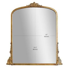 an ornate gold framed mirror with measurements for the size and width, on a white background