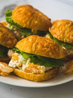 several sandwiches on croissants with lettuce and chicken in between them