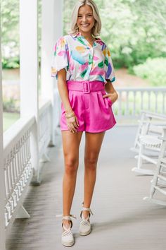 How could you not have some fun in this blouse?! Look at that abstract print and fun colors! The bubble sleeves are really cute too! This button down blouse is going to be perfect for summer work days! Collared neckline Button down front closure Short bubble sleeves Abstract print No stretch Payton is wearing the small. Pink Buttoned Blouse For Summer, Vibrant Summer Blouse For Day Out, Trendy Short Sleeve Blouse With Vibrant Print, Fun Collared Tops For Spring, Trendy Button-up Blouse With Vibrant Print, Trendy Blouse With Vibrant Print And Short Sleeves, Fun Spring Button-up Tops, Trendy Vibrant Print Blouse For Day Out, Pink Blouse With Vibrant Print For Day Out