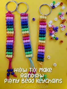 how to make rainbow pony bead keychains with scissors and beads on yellow background