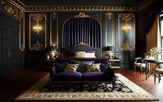 an elegant bedroom with black walls and gold trimmings, purple bedding, chandelier, chair, rug, table and windows