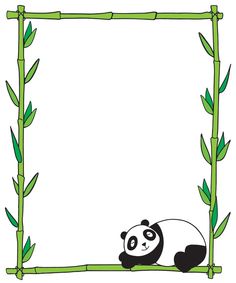 a panda bear sitting on top of a bamboo frame with green leaves around the edges