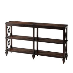 a wooden shelf with three shelves on each side and one shelf below the shelf is dark brown