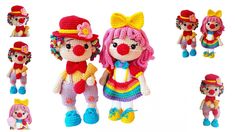 the crocheted dolls are all dressed up in colorful outfits and hats with bows on their heads