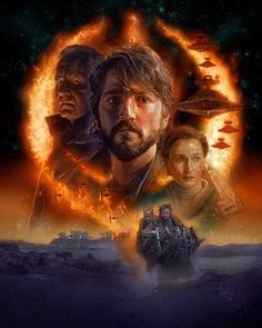 the poster for star wars is shown in front of an image of two men and a woman