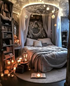 a bed with lots of lights on it and some bookshelves in the corner