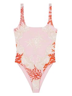 pink round neck high cut scoop back all-over graphic print pull-on style full lining Be mindful to try on swimwear over your own garments. Versace Bathing Suit, Pucci Swimsuit, Orange Swimsuit, Versace Couture, Coral Print, Pink Swimsuit, Beachwear For Women, Versace Jeans, Gianni Versace