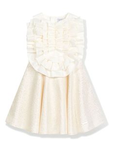 cream white cotton ruffled detailing bib collar sleeveless rear button fastening flared skirt Sleeveless Ruffle Hem Dress For Dress-up, Elegant Fitted Ruffle Dress For Dress-up Occasions, Spring Dress-up Ruffled Dress, Spring Ruffled Dress For Dress-up Occasions, Spring Ruffled Skirt Dress For Dress-up, Spring Dress With Ruffled Skirt For Dress-up, White Summer Dress With Ruffled Collar, Elegant Dresses With Pleated Bodice For Dress-up, Elegant Dresses With Pleated Bodice For Formal Occasions