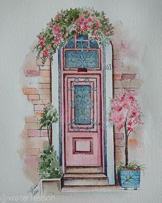 a watercolor painting of a pink door with flowers and potted plants on the ledge