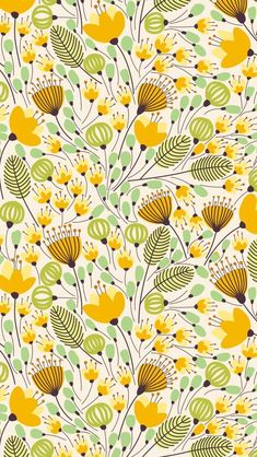 an abstract floral pattern with yellow flowers and green leaves