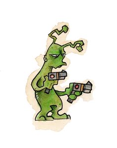 a drawing of a green creature holding a camera