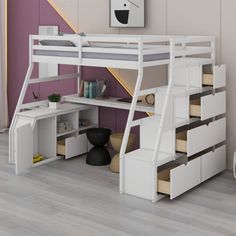 there is a loft bed with stairs and desk underneath it in the room that has purple walls