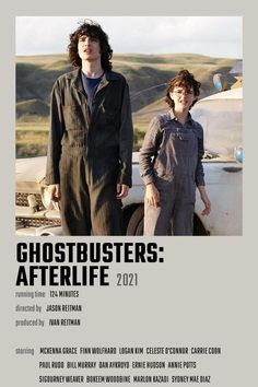 two men standing next to each other in front of a car with the words ghostbusters afterlife on it