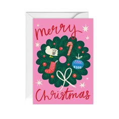 a pink christmas card with the words merry christmas on it and an image of a tree