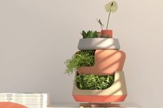 there is a planter with plants in it on top of a table next to a stack of books