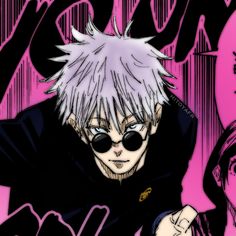 an anime character with white hair and black glasses, standing in front of pink background