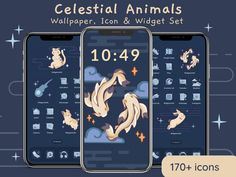 two phones with different icons on them and the text celestial animals wallpaper, icon & widget set