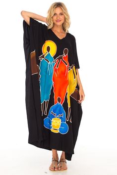 Enjoy your style even more. This long kaftan dress is great to wear out and make a statement of your own style. Comfortable and lightweight, this tribal dress is perfect for lunch dates, beach vacations, and parties. Feel comfortable and fashionable. length 49.5” width is 41” Hand-painted Tribal Design Made from 100% soft rayon Hand wash in cold water, hang to dry Multicolor Relaxed Fit Maxi Dress For Summer, Black Long Kaftan For Beach Season, Long Black Kaftan For Beach Season, Black Printed Kaftan For Festival, Oversized Multicolor Maxi Dress For Vacation, Oversized Beachwear Maxi Dress For Beach Season, Oversized Multicolor Dresses For Beach Season, Black Bohemian Maxi Dress For Vacation, Oversized Tunic Maxi Dress For Vacation