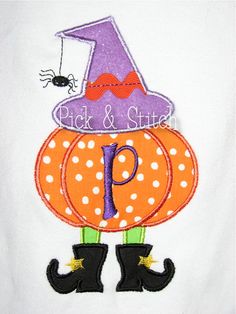 a white shirt with an orange pumpkin on it and a purple witch's hat