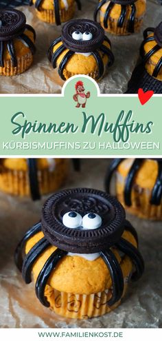 some cookies with googly eyes on them and the words spinnen muffins