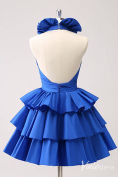 Blue Tiered Ruffled Homecoming Dresses V-Neck Satin Back to School Dre – Viniodress