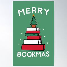 merry bookmas poster with stack of books and christmas tree on top in green background