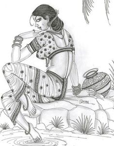 a drawing of a woman sitting on top of a rock