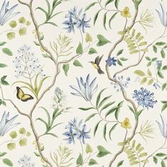 a white wallpaper with blue flowers and green leaves on the bottom half of it