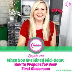 a woman sitting in front of a bookcase with the title when you are dressed mid - year how to prepare for your first classroom