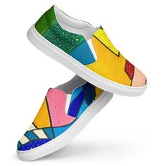 Walk in these one-of-a-kind, colorful shoes of original art painted by me!  Made for comfort and ease, these Men's Slip-On Canvas Shoes are stylish and the ideal piece for completing an outfit. Equipped with removable soft insoles and rubber outsoles, it's also easy to adjust them for a better fit. *  100% polyester canvas upper side *  Ethylene-vinyl acetate (EVA) rubber outsole *  Your brand on the box, insole, and tongue of the shoe  *  Breathable lining, soft insole *  Elastic side accents * Artistic Custom Sneakers With Rubber Sole, Artistic Custom Sneakers With Rubber Sole And Round Toe, Multicolor Hand Painted Custom Sneakers With Round Toe, Artistic Canvas Shoes With Rubber Sole, Hand Painted Multicolor Custom Sneakers With Round Toe, Artistic Hand Painted Custom Sneakers, Artistic Multicolor Spring Sneakers, Artistic Custom Sneakers With Artwork, Artistic Hand Painted Multicolor Custom Sneakers