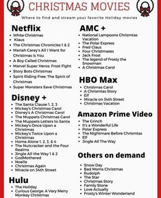 a christmas movie list with the names of movies and other things to watch on tv