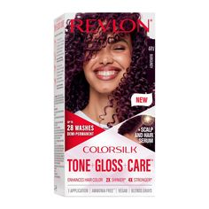 ColorSilk Tone + Gloss + Care™ is a multi-benefit hair color that enhances your color and leaves hair 2X shinier* and 4X stronger*. The Leave In Scalp & Hair Serum cares for your scalp and hair. Clinically proven with 93% showing an increase in scalp hydration.† Commitment shy? This demi-permanent hair color lasts up to 28 washes with no harsh root grow-out effect. The gentle formula is ammonia free**, vegan and has up to 90% natural ingredients. Got some grays? This color blends grays with up t Revlon Burgundy Hair Color 48, Sally Beauty Supply Hair Color Burgundy, Demi Permanent Hair Color, Revlon Colorsilk, Hair Gloss, Demi Permanent, Color Conditioner, Gray Coverage, Hair Rinse