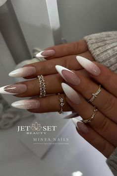 White French Tip Wedding Nails, Ombre With Gold Nails, Maternity Shoot Nails Ideas, Milky Base Nails Design, Vacation Ombre Nails, Ombre Nails With French Tip, Nude White Nail Designs, Glitter French Ombre Nails, Trendy Coffin Acrylic Nails