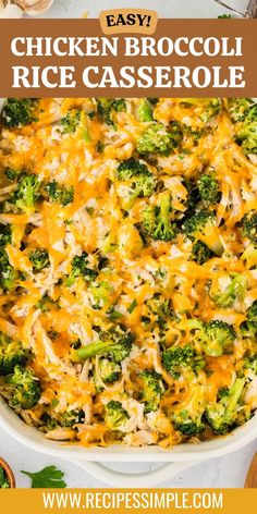 chicken broccoli rice casserole in a white dish with text overlay