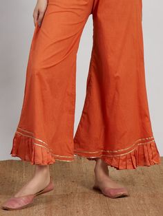 Buy Orange Chanderi Hand Embroidered Kurta with Cotton Palazzo and Pink Hand Block Printed - Set of 3 online at Theloom Plazo Pants, डिजाइनर कपड़े, Pakistani Dresses Casual, Kurta Neck Design, Cotton Kurti Designs