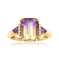 Ross-Simons - 2.70ct Ametrine Ring, .10ct t. w. Amethysts, Diamond Accents. Size 8. An RS exclusive. Lovers of unique gemstones will adore this gorgeous ring. A shimmering 2.70 carat emerald-cut ametrine boasts a mesmerizing gradient of purple to sunny yellow, flanked by .10 ct. t. w. triangular amethysts. Diamond accents add an extra dose of sparkle. Crafted in luxurious 14kt yellow gold. 3/8" wide. Amethyst and ametrine ring. Amethyst birthstones are the perfect gift for February birthdays. Ametrine Ring, Diamond Ring Cuts, Purple Stone Rings, Amethyst Birthstone, Pear Shaped Ring, Amethyst And Diamond Ring, Gorgeous Ring, Emerald Cut Rings, Sunny Yellow