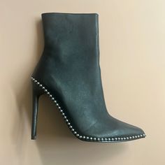 Steve Madden Black Leather Studded Boots. Side Zipper. Size 8.5 Studded Ankle Boots For Night Out, Edgy Heeled Boots For Night Out, Edgy Medium Width Heeled Boots For Night Out, Leather Boots With Studs For Night Out, Studded Boots For Night Out In Fall, Edgy Almond Toe Boots For Party, Studded Heeled Boots For Night Out In Fall, Studded Heels For Night Out In Fall, Studded Heels For Fall Night Out