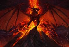 a large dragon standing on top of a mountain covered in fire and lava, with its wings spread wide open