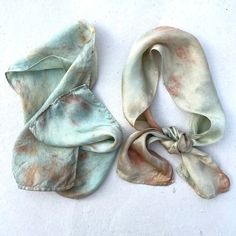 Stunning, lustrous silk scarves with beautiful patterns made by the interaction of botanical extracts, minerals, and ice. Made in micro-batches with very limited quantities, each is one-of-a-kind. Ribbon scarves are 4.5x36 inches. Natural dyes can be sensitive to sunlight so reduce exposure to direct sunlight to preserve the natural color as long as possible. Hand wash gently in warm water with pH neutral soap and hang dry out of direct sunlight. Natural Dye, Denim Dye, Powder Blue Color, Damaged Clothes, Botanical Dyeing, Eco Printing, Hand Dyed Silk, Soft Summer, Silk Dyeing