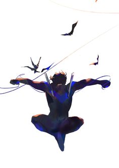 a man flying through the air while holding onto a string with birds in the background