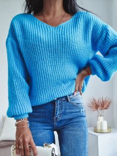 Blue Casual V Neck Solid Long Sleeve Sweater Bahamas Cruise, Workout Outfits, Dresses By Length, Casual Sweaters, Long Sleeve Casual, V Neck Sweater, Blue Sweaters, Winter Season, Ladies Tops Fashion