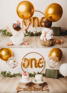 two children sitting on the floor with gold balloons