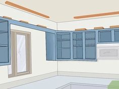 a drawing of a kitchen with blue cabinets