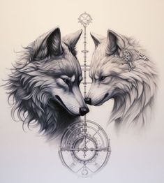 two wolfs are facing each other in front of a compass with their heads touching