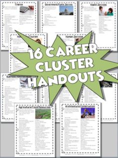 a poster with the text 16 career clusters and handouts