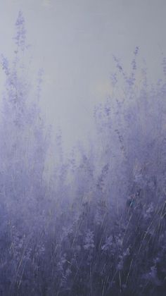 an oil painting of purple flowers on a gray background with blue sky in the background